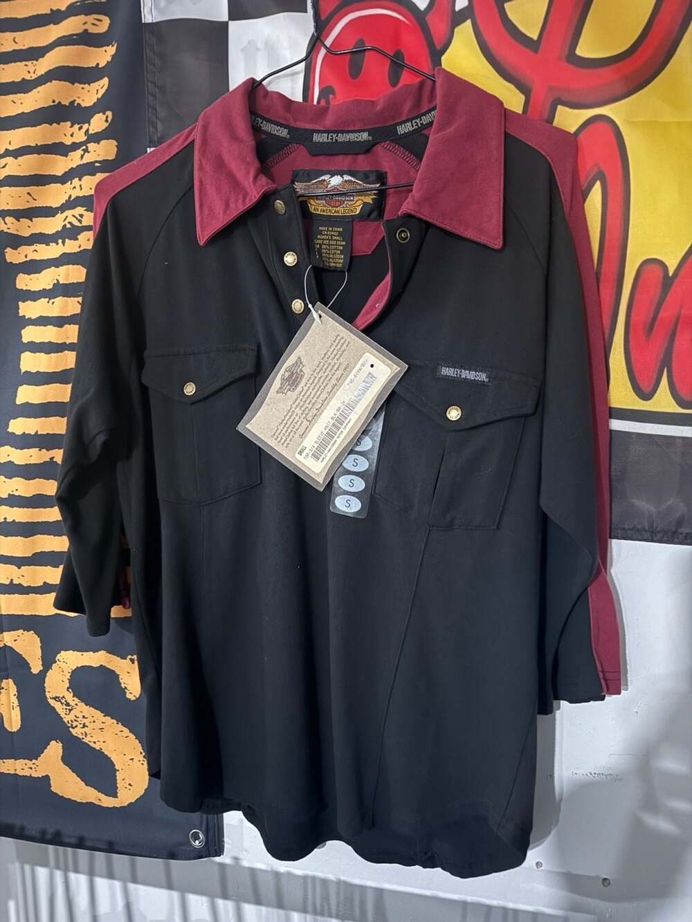 Harley-Davidson Women's 3/4 Sleeve Knit Henley Shirt Black and Brick Red